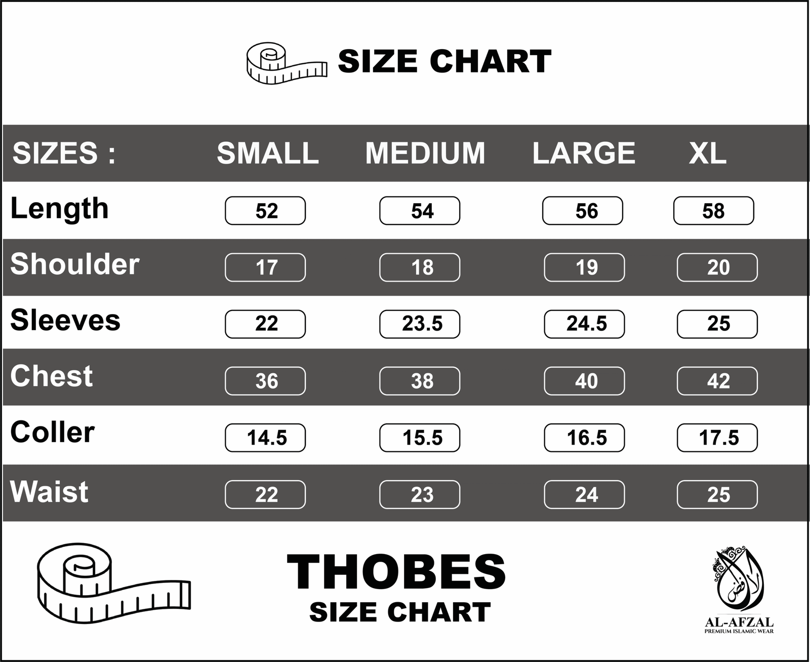 white jubbah p size chart scaled